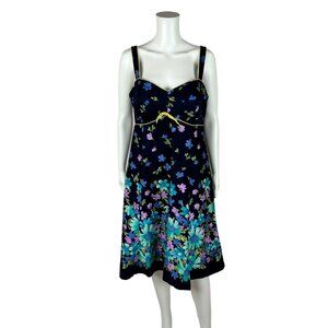 R&K Originals Dress Women's 14 Navy Aqua Multi Colored Sundress Smocked Back